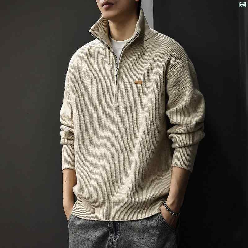 メンズ　男性 ファッション 韓国 オシャレ たり 大歳ストリート 秋 アメリカン レトロ ソリッドカラー セーター ハーフ ジップ タートルネックセーター ヘビー 大きいサイズ トップ