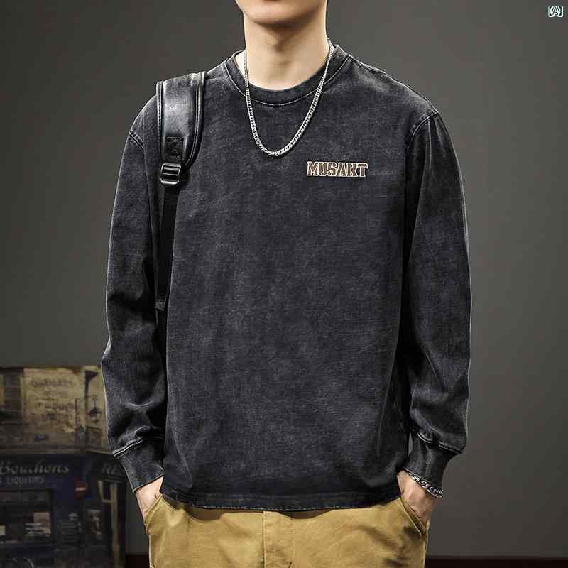 メンズ 成人男性  流行り物 韓国 オシャレ たり 大歳表どおり 秋 ヘビーウェイト高 濃度 綿織物 長袖 ティーシャツ アメリカン 年寄りの ウォッシュ 春 たり 途轍も無い大いさ トレイナー メンズファッション-その他