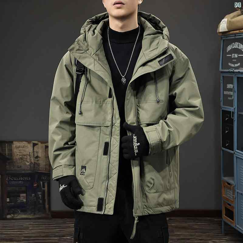 メンズ　男性 ファッション 韓国 オシャレ たり 大歳ストリート 冬 ダック ダウン ミドル丈 ワークウェア パーカー ジャケット アウトドア フード付き 防風 防寒 暖かい