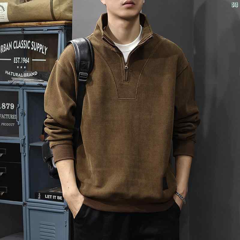 メンズ 成人男性  流行り物 韓国 オシャレ たり 大歳表どおり 秋 3 瓦 甚だしい コール天 トレーナー アメリカン レトロ 長袖 スポーツシャツ 二分の一 ジップ 照明ランプ色つや とっ始め