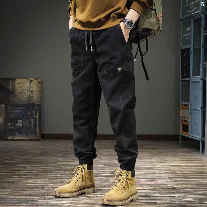 メンズ　ファッション　オシャレ　男性　大歳ストリート 秋 男性用 アメリカン レトロ 機能的 オーバー オール レギンス 付き カジュアル パンツ コットンパンツ