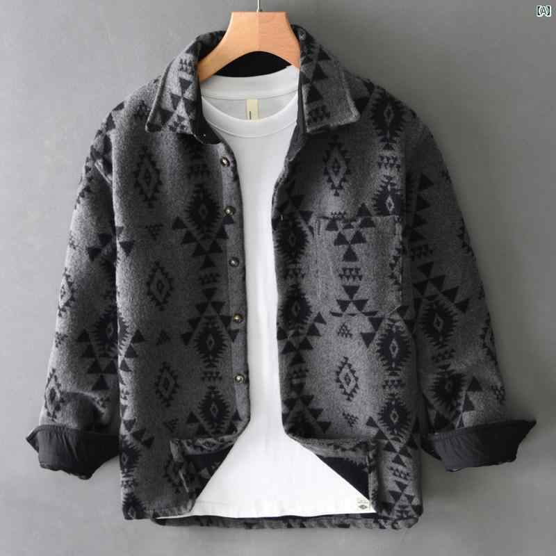 メンズ　ファッション　韓国ファッション　オシャレ　韓国 レトロ ジャカード 起毛 ウール シャツ メンズ 長袖 春秋 トップ 文学 カジュアル ジャケット