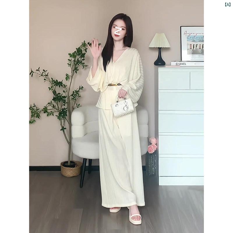 レディース レディース ファッション 海外ファッション 上品 ハイエンド Vネック トップ ドレープ ワイド レッグ パンツ レディース 夏 優しい 2点セット