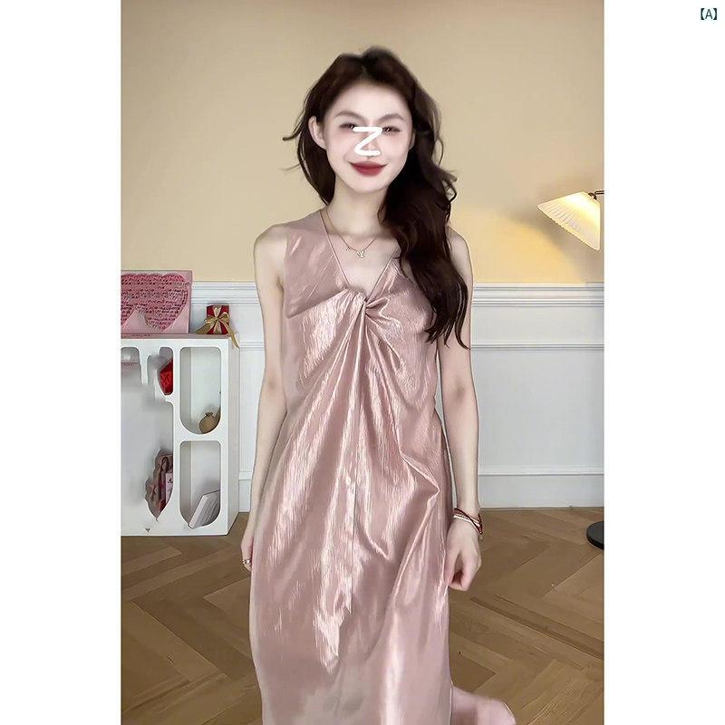 レディース レディース ファッション 海外ファッション 上品 Liucai Bingmei ハイエンド ノースリーブ Vネック ドレス レディース 夏 ツイスト スカート