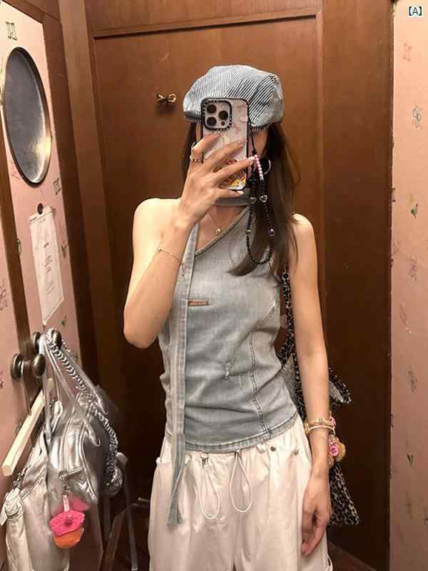 レディース　ファッション　おしゃれ　韓国　海外ファッション　上品　おしゃれ アメリカン レトロ デニム なで肩 キャミソール 夏 ウエスト スリム ショート トップ