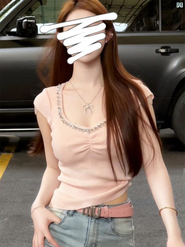 レディース　ファッション　おしゃれ　韓国　海外ファッション　上品　おしゃれ 半袖 セーター 夏 スリム ショート Tシャツ トップ