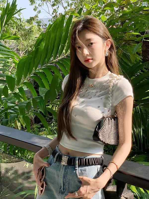 レディース　ファッション　おしゃれ　韓国　海外ファッション　上品　おしゃれ スタイリッシュ ガール 輝く ショルダー Tシャツ 夏 ウエスト スリム ショート トップ