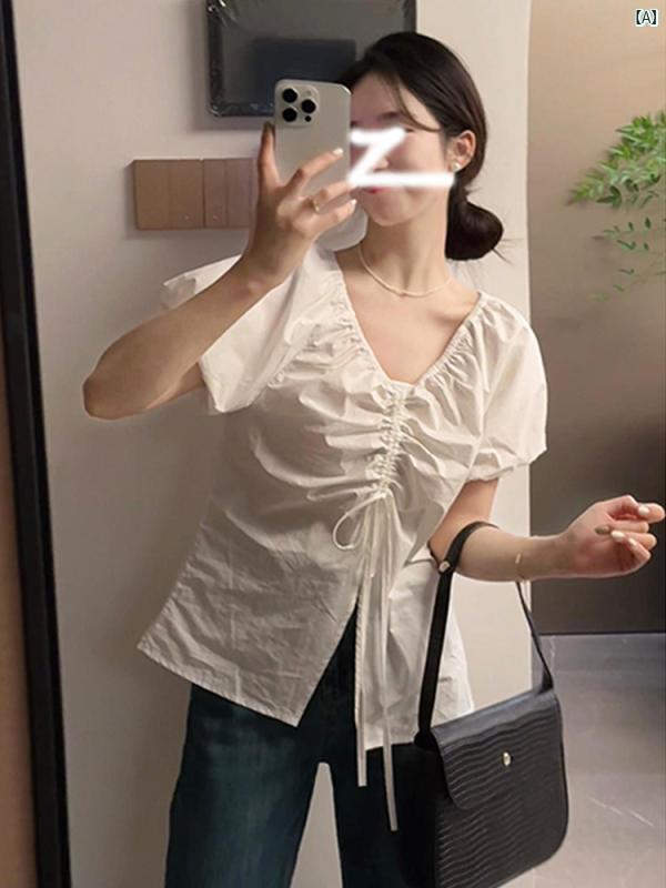 レディース　ファッション　おしゃれ　韓国　海外ファッション　上品　おしゃれ フレンチ パフスリーブ Vネック シャツ 夏 新 カジュアル スリム トップ