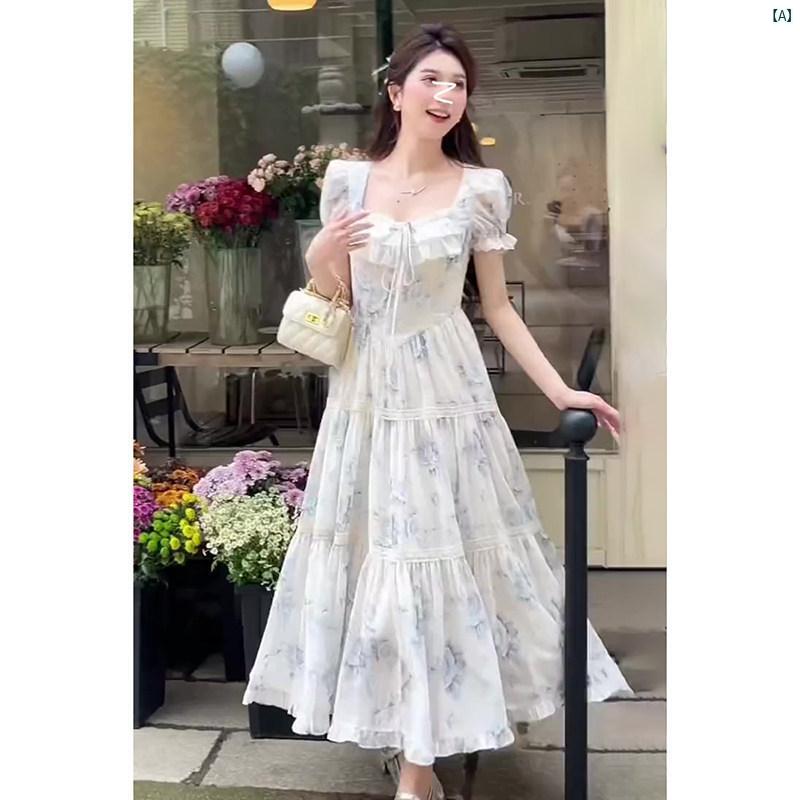 レディース レディース ファッション 海外 海外ファッション 綺麗 おしゃれ フレンチ レトロ シフォン 花柄 パフスリーブドレス 夏 穏か ティーブレイク Aラインイン スカート