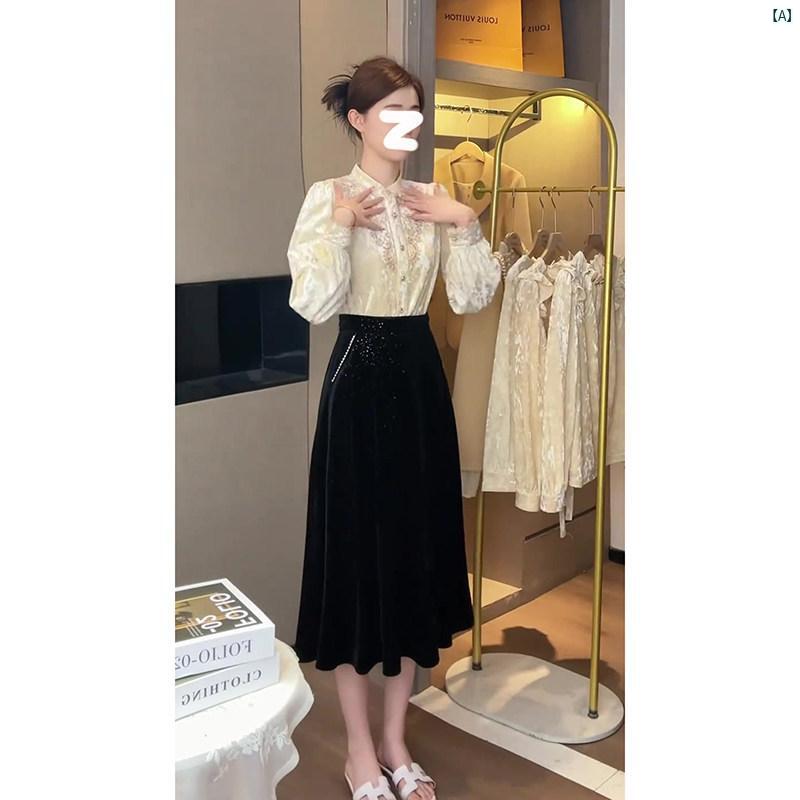 レディース　ファッション　おしゃれ　海外　海外風　夏　春　秋　上品　レディースファッション 中国 無地 スタンドカラー ベルベット 長袖 刺繍 ボトム シャツ レディース 秋　冬 ファッション トップ