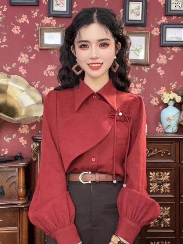 レディース　ファッション　おしゃれ　海外　大歳　上品　かわいい 中華風 ライト ナショナル シャツ 春秋 ボタン トップ カジュアル 快適 シック 4,730円