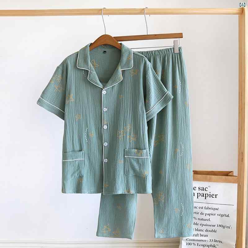 夏 メンズ コットン パジャマ 半袖 ズボン クレープ ホーム 服 カーディガン 五つ星 通気性 吸汗性