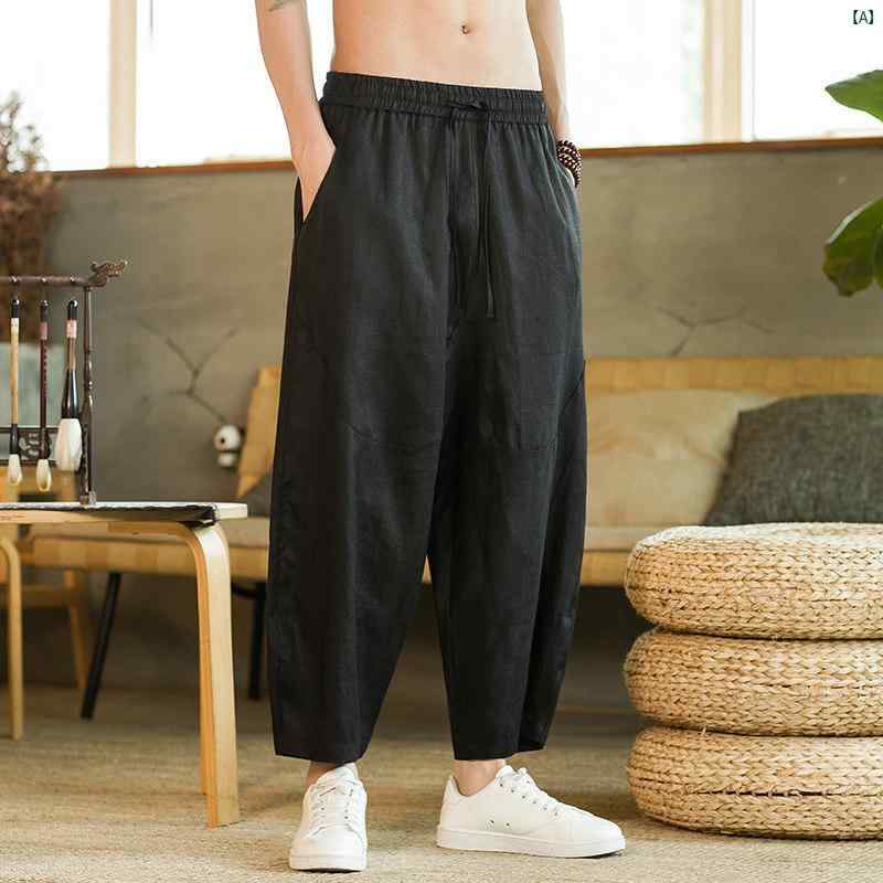 夏 リネン 九分丈 ズボン下 薄っぺら メンズ 馬鹿でかい大きさ たり 広々とした レッグ レトロ 中華風 無地 裾細