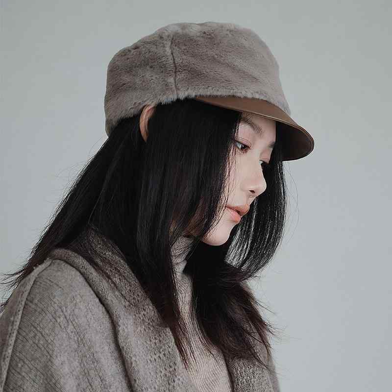 レディース　帽子　ファッション　おしゃれ　韓国　海外風 イミテーション レックス ラビット 毛皮 帽子 つば 付き ひさし 帽 ナイト ハット 秋　冬