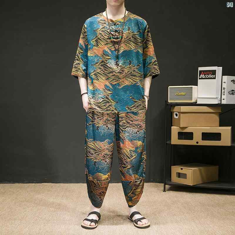 メンズ　海外ファッション　韓国　大歳ストリート 冷感 リネン スーツ 薄手 夏 通気性 半袖 Tシャツ 中華風 レトロ 唐装 漢服 シャツ