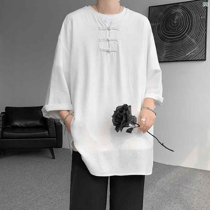 メンズ 外国で流行り物 韓国 大歳表どおり 綿織物 リネン 半袖 プルオーバー 薄っぺら 夏 通気性 七分袖 とっ始め レトロ