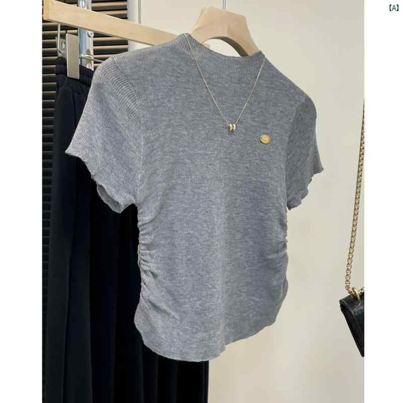 レディース　レディース　海外ファッション　おしゃれ グレー 右 肩 半袖 t シャツ 夏 薄手 冷感 セーター スリム スタイリッシュ ガール トップ