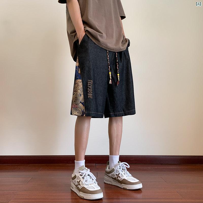 メンズ　海外ファッション　韓国　大歳ストリート デニムショートパンツ 夏 クール 通気性 七分 パンツ ストレート スポーツ ビーチ