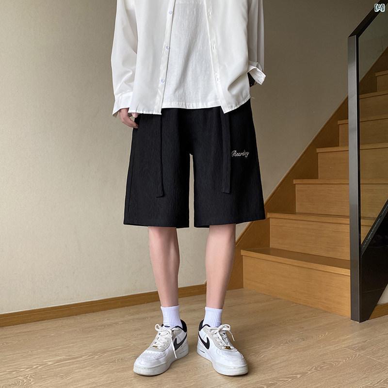メンズ　海外ファッション　韓国　大歳ストリート 冷感 五分丈 パンツ 薄手 夏 ストレート ワイド レッグ 巾着 カジュアル テクスチャー ショート