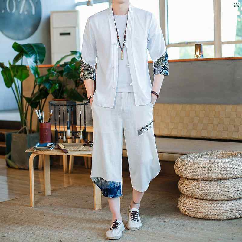 メンズ　海外ファッション　韓国　大歳ストリート リネン スーツ 薄手 夏 たり 大きいサイズ 半袖 シャツ 中華風 レトロ 七分袖 2点セット