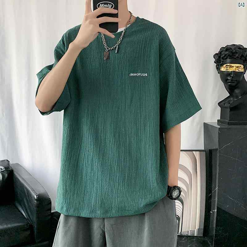 冷感 リネン 半袖 メンズ 薄手 夏 ソリッドカラー トップ 中華風 コットン 通気性 Tシャツ