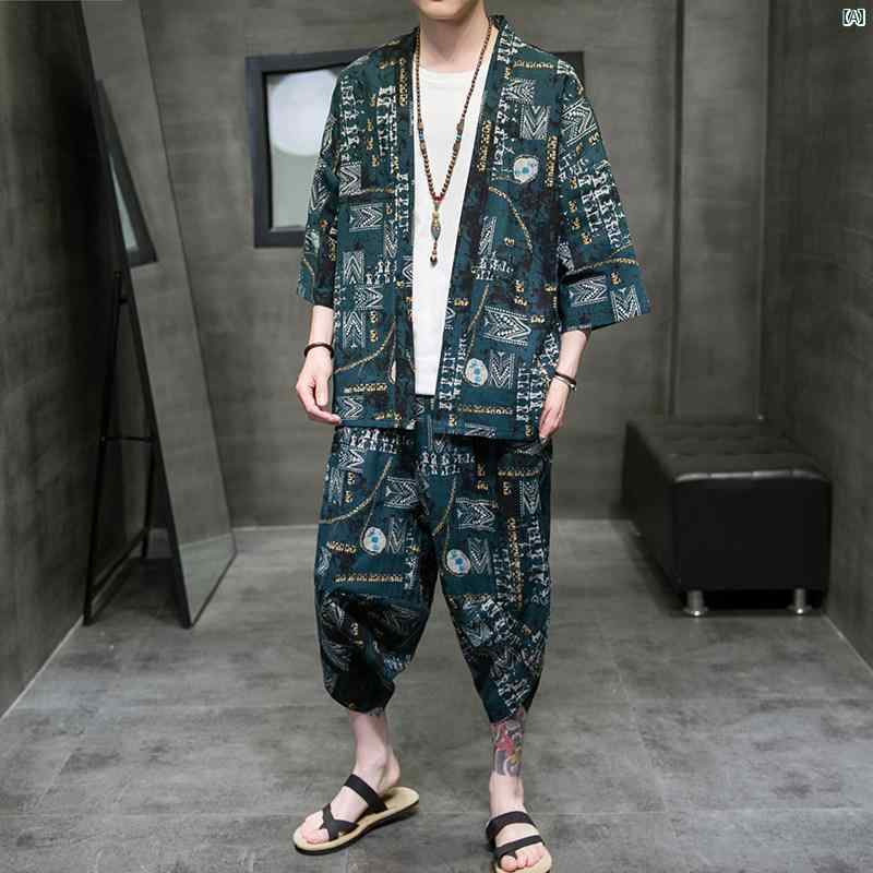 メンズ 外国で流行り物 韓国 大歳表どおり 中華風 夏時 プルオーバー 背広 綿織物 麻 薄っぺら たり ジレー 七分袖 七分 ズボン 二点 仕掛ける