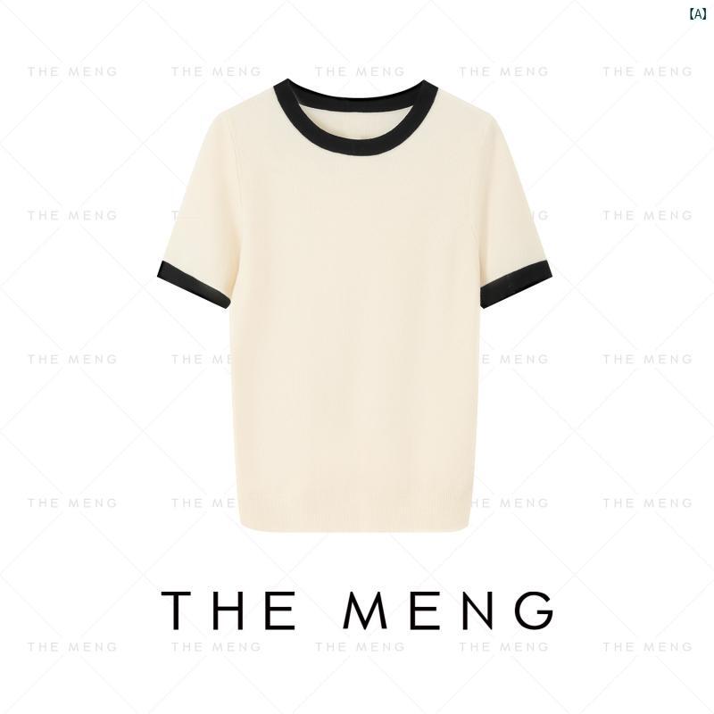 レディース レディース 流行り物 Mengmeng THEMENG 初夏 白いこと 茶 編み物 半袖 ティーシャツ 夏 トップス レディースファッション-トップス-Tシャツ・カットソー