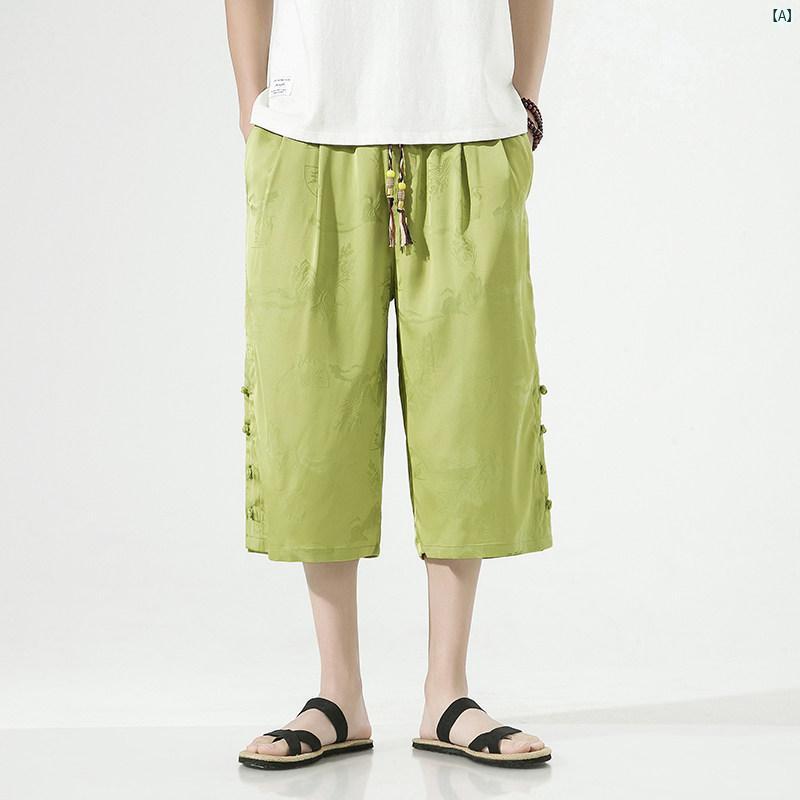メンズ　海外ファッション　韓国　大歳ストリート 冷感 ショート パンツ 夏 通気性 涼しい クロップドパンツ 大きいサイズ カジュアル ワイド レッグ ボタン 付き ストレート ミッド