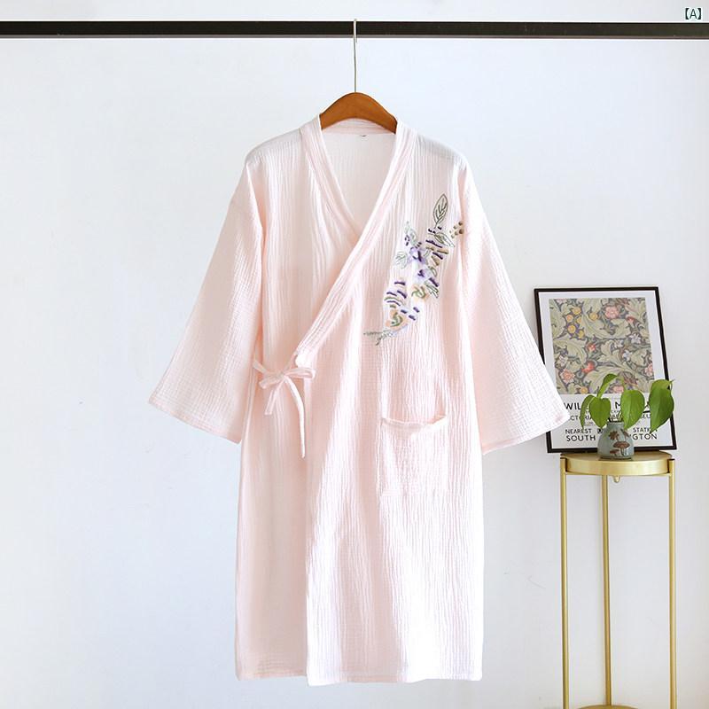 春夏 薄手 コットン ナイトガウン レディース ミドル丈 ちりめん 二重 ガーゼ 浴衣 カーディガン 和風 刺繍 牧歌