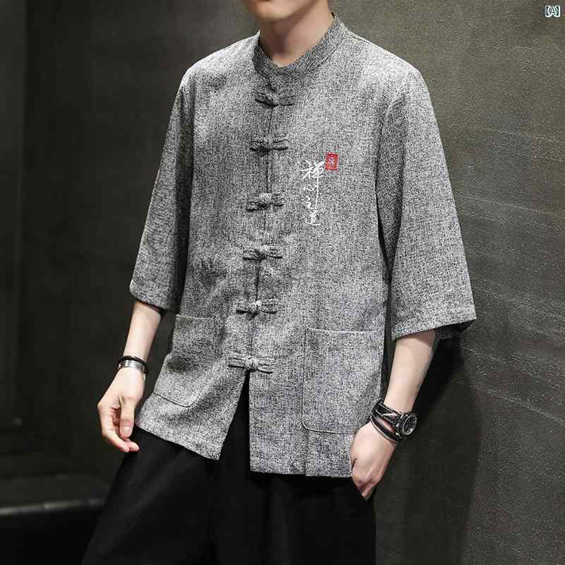 メンズ 海外ファッション 韓国 大歳ストリート リネン 半袖 シャツ レトロ 中華風 スタンドカラー ボタン ダウン 夏 薄手 たり カジュアル 七分袖