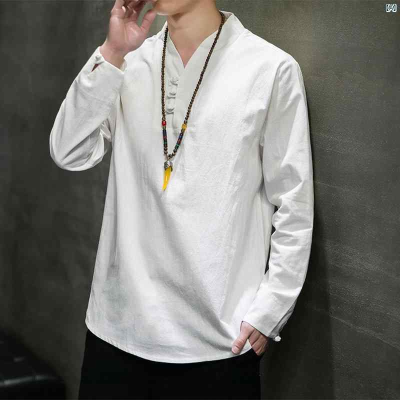 コットン リネン 長袖 Tシャツ メンズ 中華風 唐装 瞑想 Vネック 漢服 ボトム シャツ 春 無地 トップ