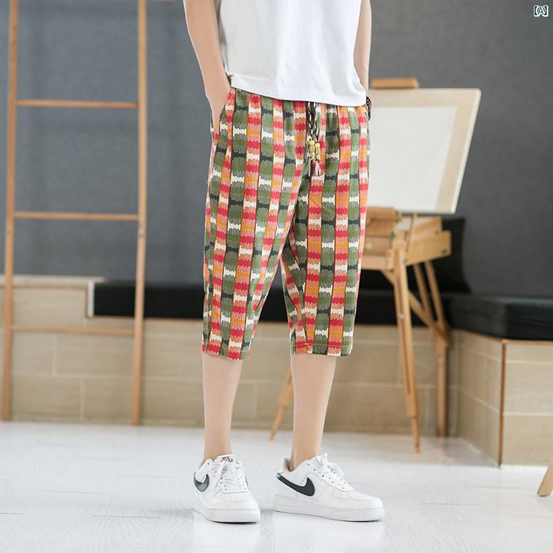 メンズ用 コットン リネン クロップドパンツ こ ストライプ ストレート カジュアル パンツ 夏 薄手 チェック柄 プリント ビーチ