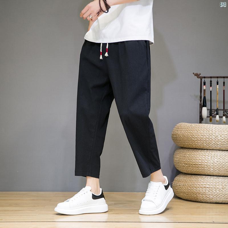 コットン リネン カジュアル パンツ 夏 細い ストレート ワイド レッグ 中華風 レトロ メンズ クロップドパンツ