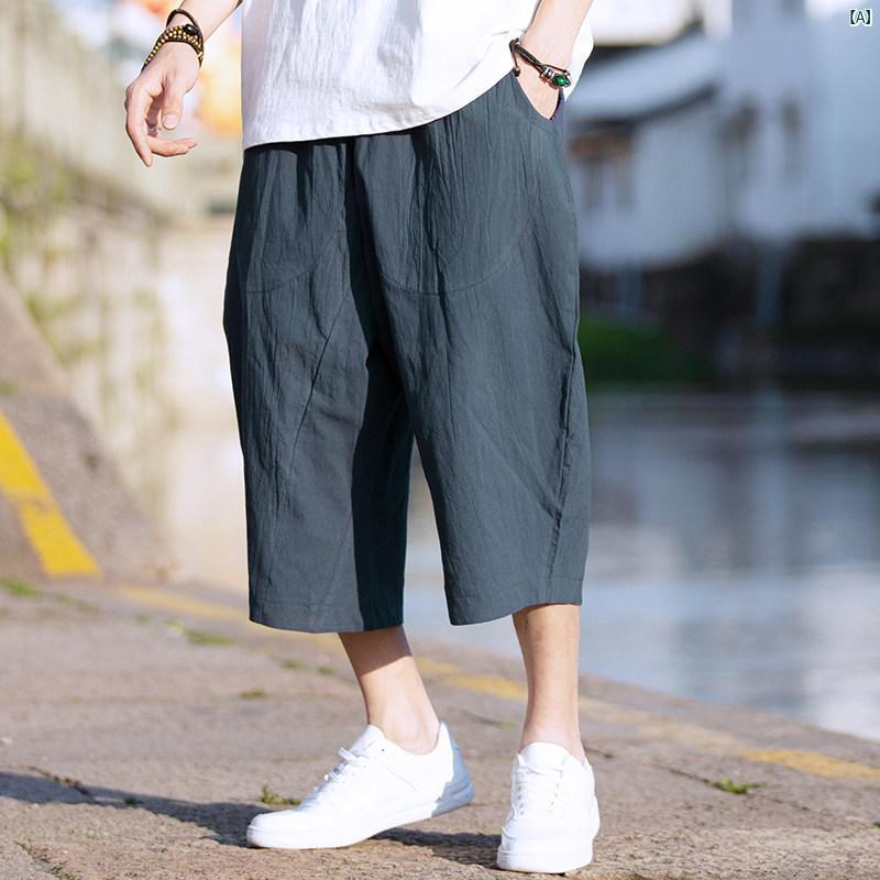 リネン カジュアル パンツ メンズ 薄手 夏 ストレート 中華風 無地 コットン 七分