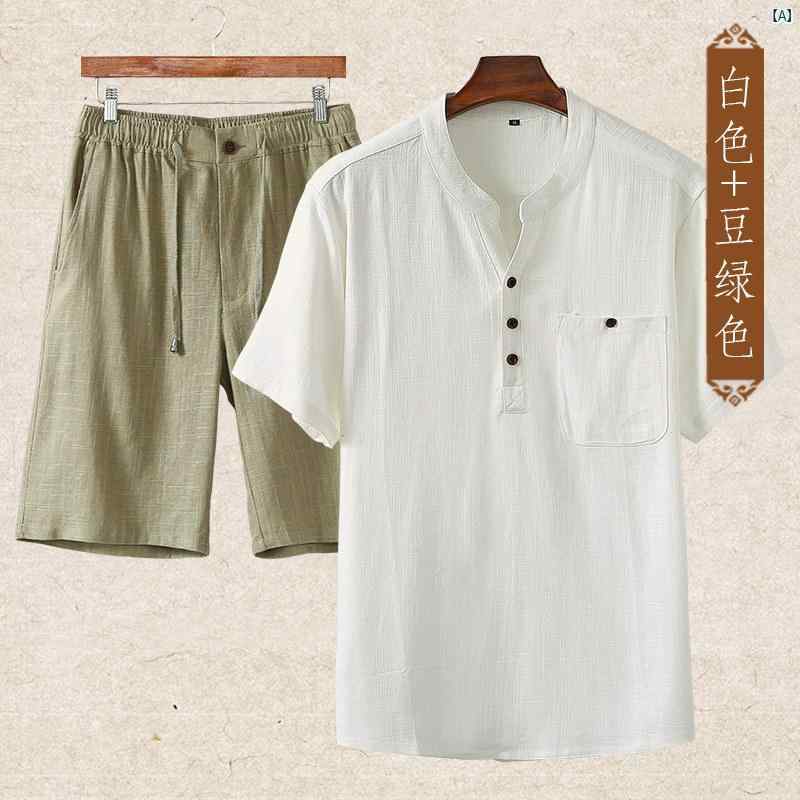 メンズ　海外ファッション　韓国　大歳ストリート コットン 麻 Tシャツ 薄手 夏 ショーツ 中華風 唐装お父さん 半袖 スーツ