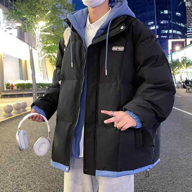 秋　冬 メンズ フェイク 2点 フード付き コットンコート 厚手 防寒 ジャケット コットンジャケット