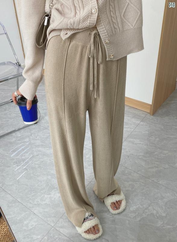 レディース　ファッション　おしゃれ　海外風　レディース カーキ パンツ ハイウエスト ワイド レッグ スリム ストレート ニット フロア レングス スリット カジュアル