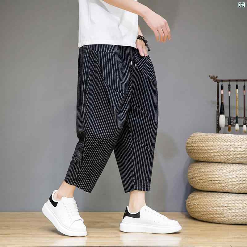 夏 カジュアル パンツ 中華風 ストライプ クロップドパンツ 薄手 通気性 大きいサイズ ストレート 和風 男性用