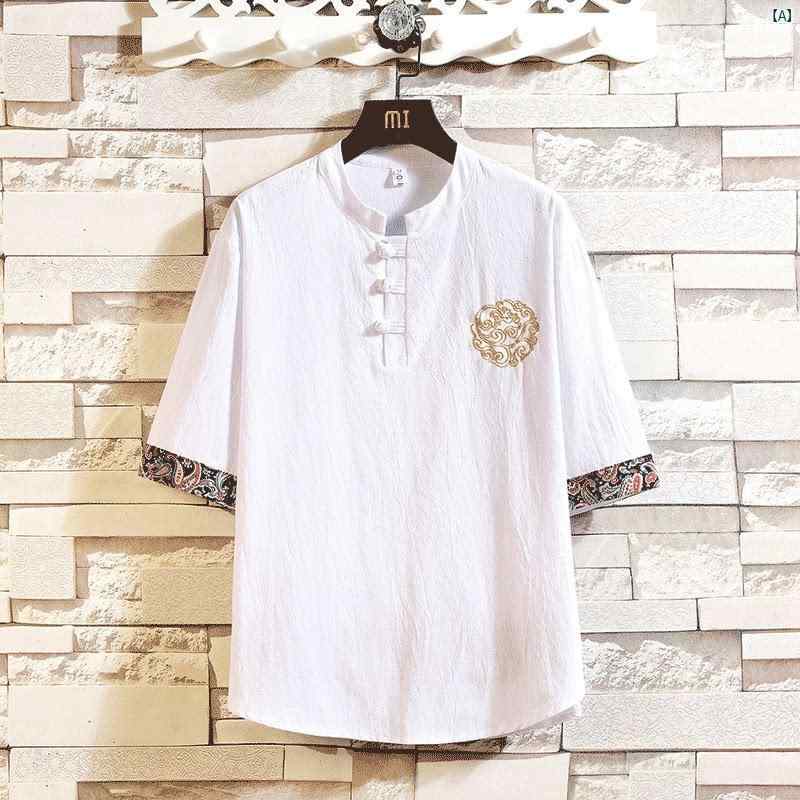 夏 薄手 半袖 Tシャツ メンズ リネン 中華風 スタンドカラー コットン 通気性 シャツ