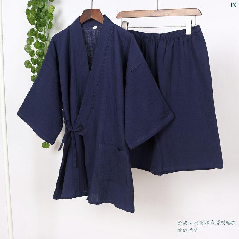 カップル パジャマ 2点セット 着物 コットン クレープ 漢服 メンズレディース ホームウェア 半袖 ショーツ 夏