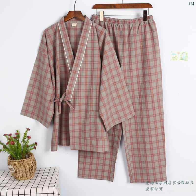チェック柄 着物 メンズ ウォッシュド コットン レトロ 漢服 プリント し パジャマ セット 大きめ サイズ 春夏 薄手