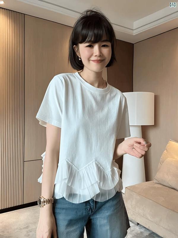 レディース 大きめサイズ ぽっちゃり 大きめファッション 大きいサイズ 裾 メッシュ スプライス 右 肩 半袖 Tシャツ 夏 mm ユニーク シックス モール トップ