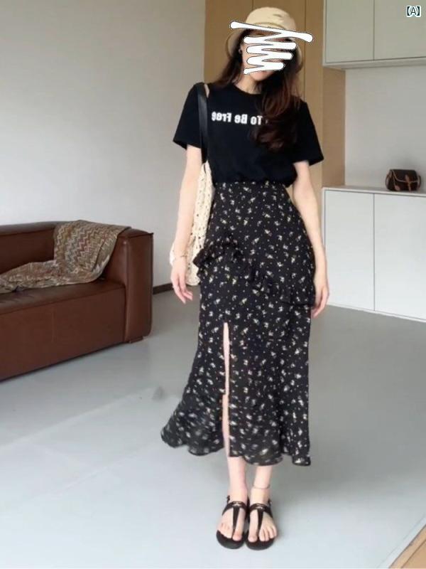 レディース 大きめサイズ ぽっちゃり 大きめファッション 大きめ サイズ フェイク 2点 ブラック ショルダー Tシャツ ドレス 夏 mm スリム ドレープ スリット 花柄 スカート