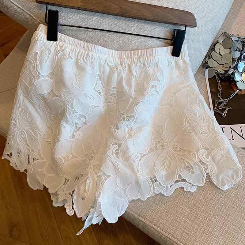 レディース ショートパンツ 夏 ホワイト ハイウエスト ワイドレッグ 刺繍 レース デザイン ビスコース 素材 薄手 微弾力 芸術的 レトロ スタイル 甘め 清新 カジュアル 普段使い 軽量 透け感 切り替え|プライムズ商店