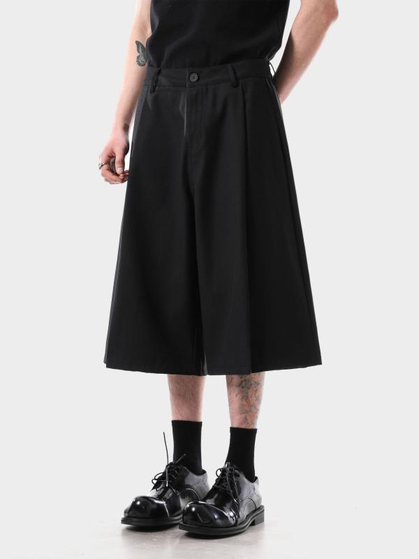 七分丈パンツ ユニセックス 夏用 黒 スーツ風 高級感 ワイドレッグ シンプル カジュアル ポリエステル ゆったり 軽量 通勤 普段使い