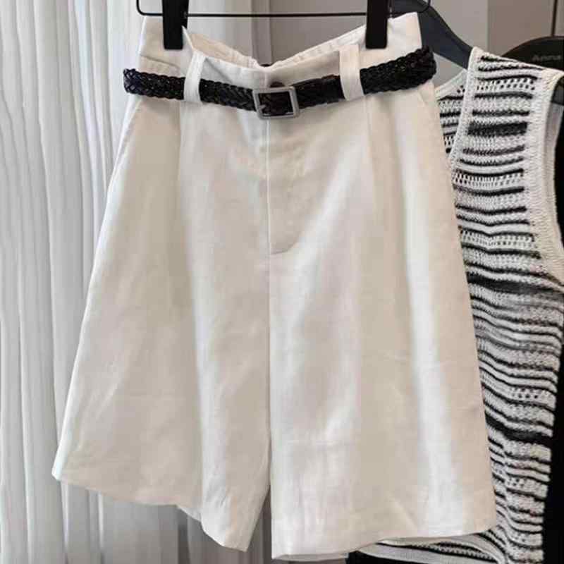 レディース ショートパンツ 白色 ハイウエスト ワイドレッグ リネン混紡 コットン混 直筒型 切り替えデザイン 通気性 快適 微伸縮 夏用 カジュアル 脚長効果 スリム 普段使い 軽量