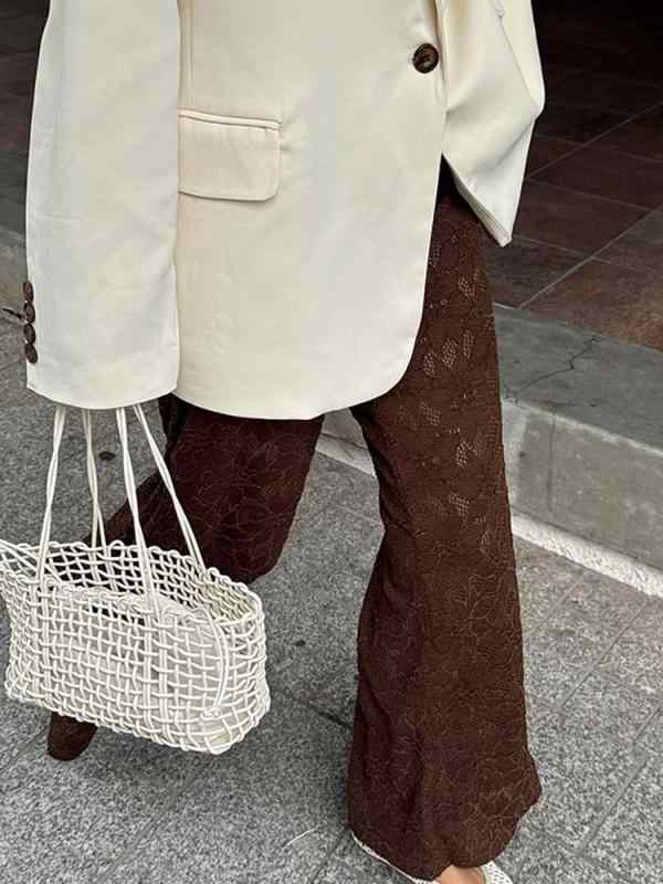 レディース レース ロングパンツ スリム ブラウン 夏用 薄手 ミッドライズ フレア 純色 ポリエステル ノーアイロン カジュアル エレガント 合わせやすい 私服 気質 優雅 基本款 無弾力