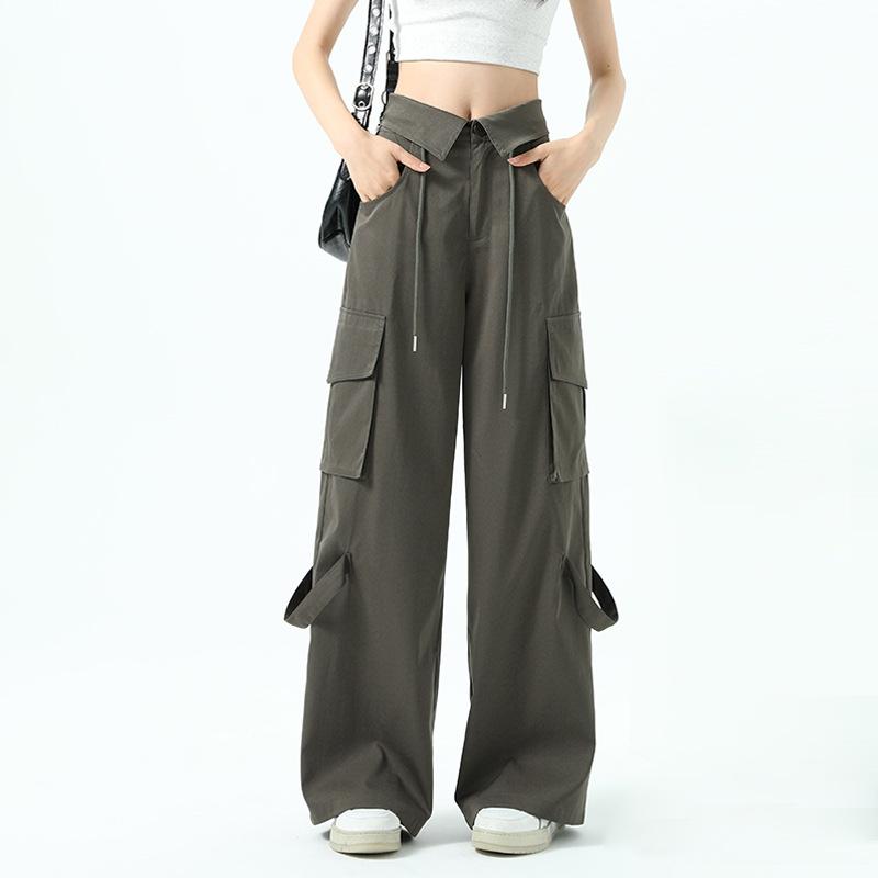 レディース 春夏 薄手 ハイウエスト ワイドレッグ ワークパンツ ストレート 折り返し カジュアル アクティブ ポケット デザイン 切り替え 接触冷感 ポリエステル 素材 ブラック カーキ ミリタリー グリーン オフホワイト