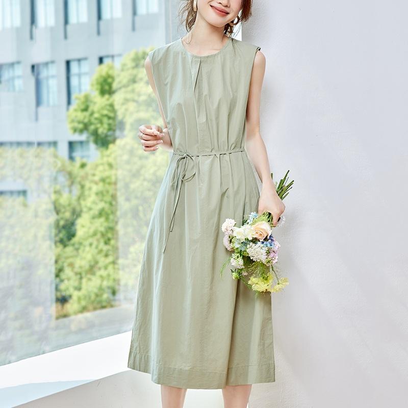 ワンピース レディース 夏 ノースリーブ Aライン シフォン ハイウエスト 紐付き ロング丈 無地 立体模様 エレガント レトロ かわいい 清新 グレーグリーン 紫系 軽量 ポリエステル