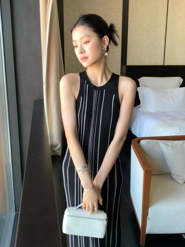 レディース ノースリーブ 編み物 衣装 縞模様柄 ロング丈 引っ切り無い 酉の方角天然ゴム 分かりやすい 通い用 雅びやか アセテート 黒いこと ベージュ 秋